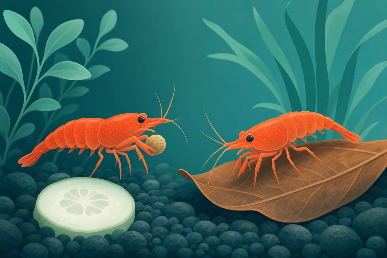 กุ้งแคระกำลังกินอาหารเม็ดและใบหูกวางในตู้